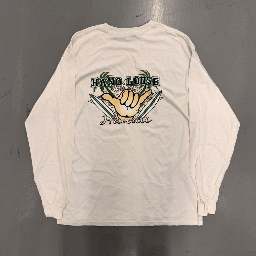 Hang Loose Hawaii Long Sleeve T-Shirt Mens White Surf Graphic‎ Shaka Tee L
